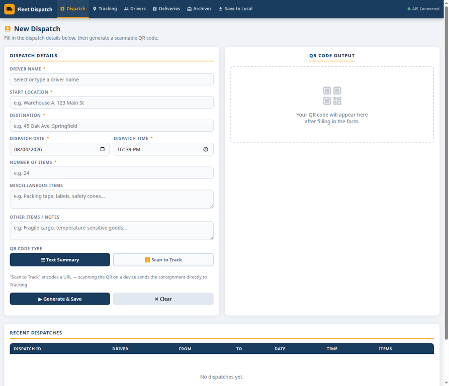 Fleet Dispatch Manager new dispatch form